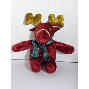 Vtg‎ Pier 1 Imports Burgundy Crushed Velour Velvet Reindeer Plush With Scarf 15"